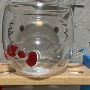 BNWT Sanrio Hello Kitty 3D Clear Double Glass Mug with Red Bow